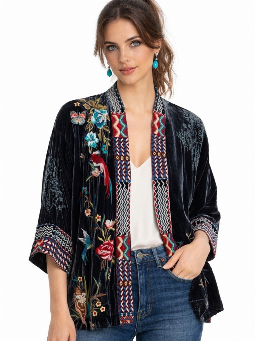 Johnny Was Gen Boho Velvet Floral Embroidered Kimono Jacket Jasper NWT